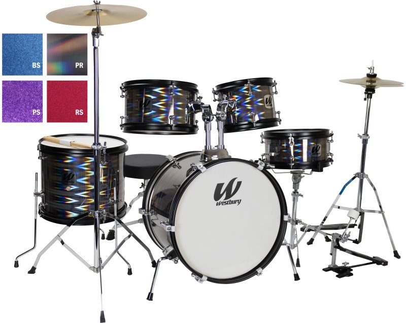 Westbury 5-Piece Junior Drum Set Complete With Hardware, Cymbals & Throne, Blue Sparkle Finish