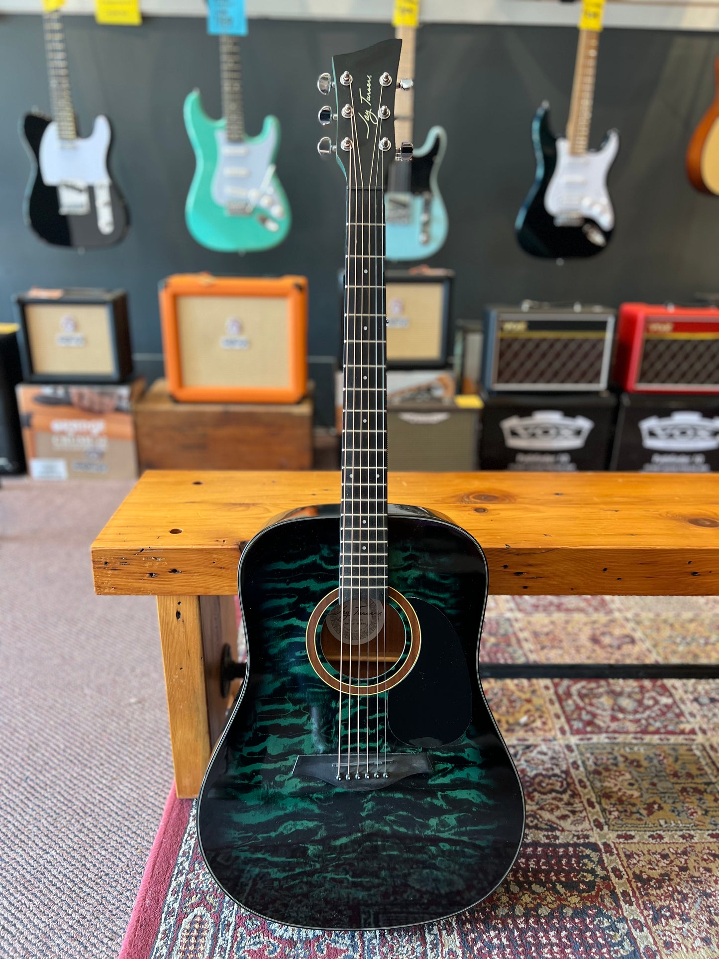 Jay Turser Dreadnought Acoustic Guitar, Full Size, Blue Burst Quilt USED