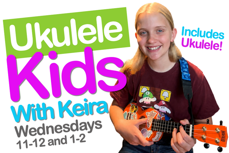 Advertisement for Ukulele Kids with Keira, featuring a child holding a ukulele.