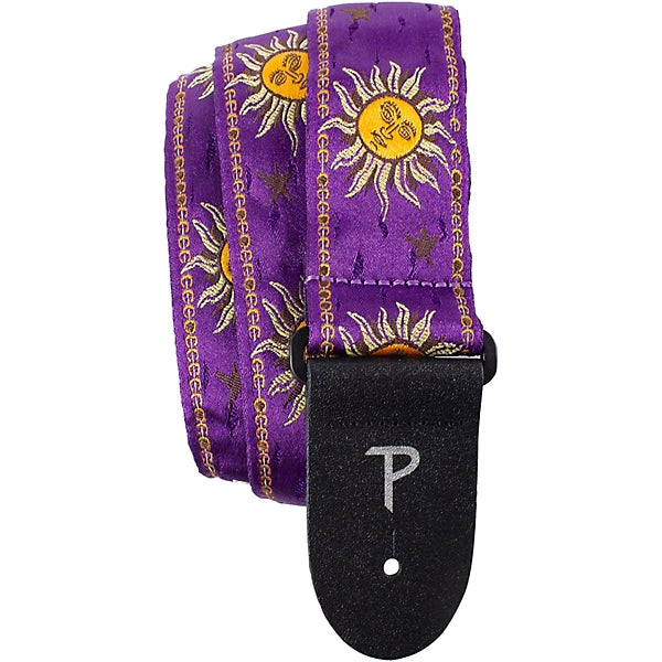 Yellow Suns Guitar Strap On Purple Jacquard with Leather Ends