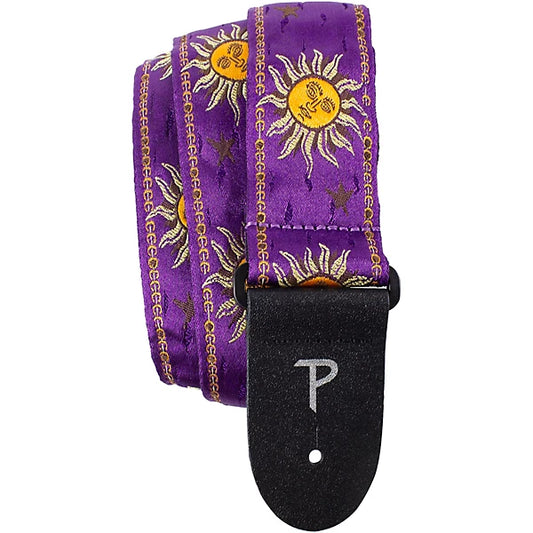 Yellow Suns Guitar Strap On Purple Jacquard with Leather Ends