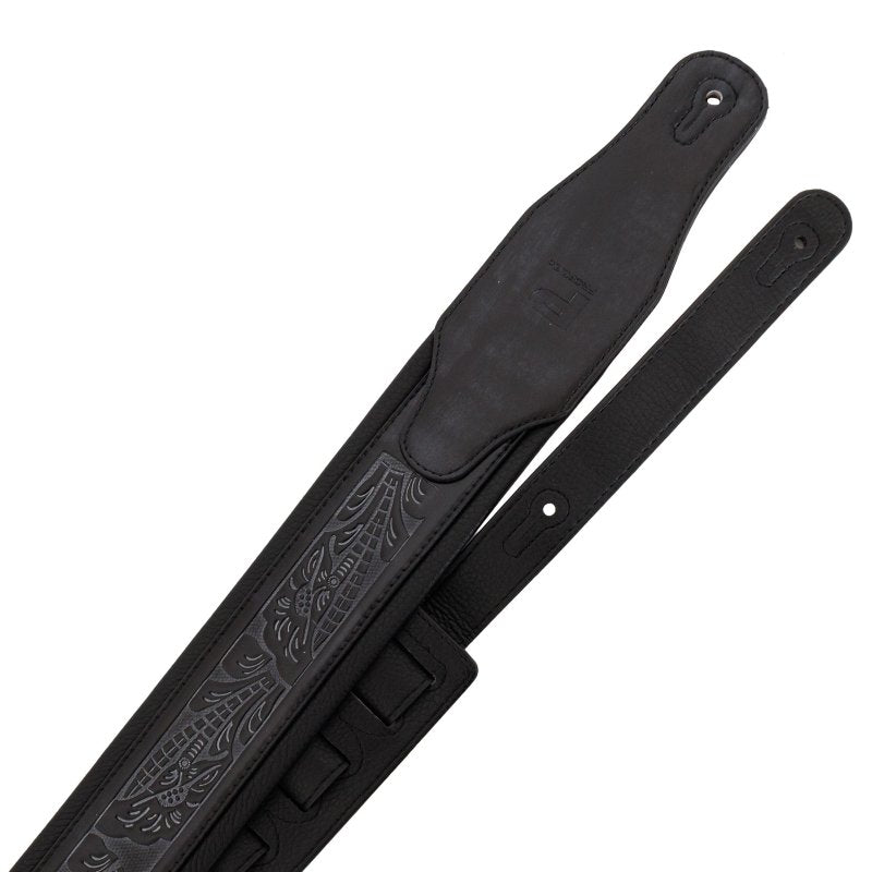 Profile Leather Padded Guitar Strap with Tooled Hibiscus Flower Pattern Black