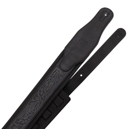 Profile Leather Padded Guitar Strap with Tooled Hibiscus Flower Pattern Black
