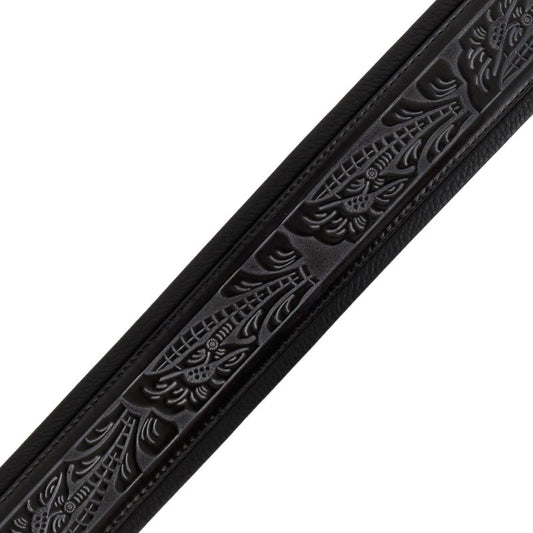 Profile Leather Padded Guitar Strap with Tooled Hibiscus Flower Pattern Black