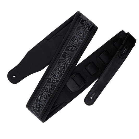 Profile Leather Padded Guitar Strap with Tooled Hibiscus Flower Pattern Black