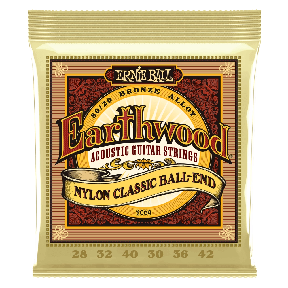 Ernie Ball Earthwood Folk Nylon, Clear & Gold Ball End, 80/20 Bronze Acoustic Guitar Strings