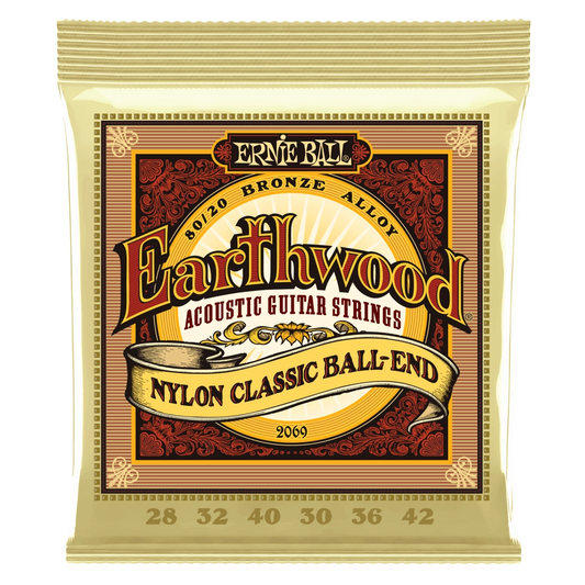 Ernie Ball Earthwood Folk Nylon, Clear & Gold Ball End, 80/20 Bronze Acoustic Guitar Strings