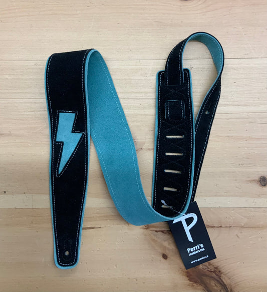 Suede black and teal mini bolt guitar strap